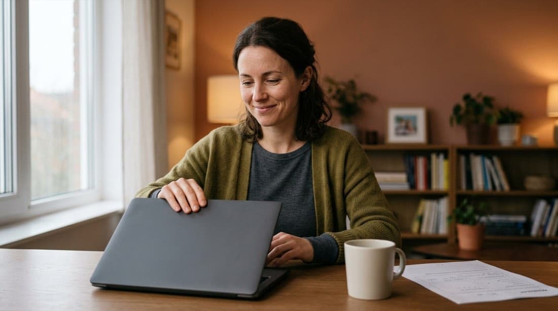 Eine Lehrerin klappt am frühen Abend entspannt ihren Laptop zu, daneben liegt fertiges Material