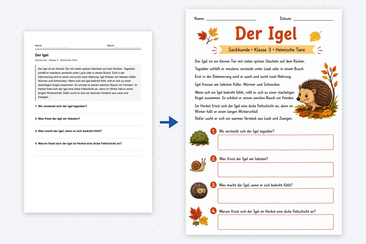 Arbeitsblatt Verschönerer zeigt ein schlichtes Arbeitsblatt und daneben die schön gestaltete Version