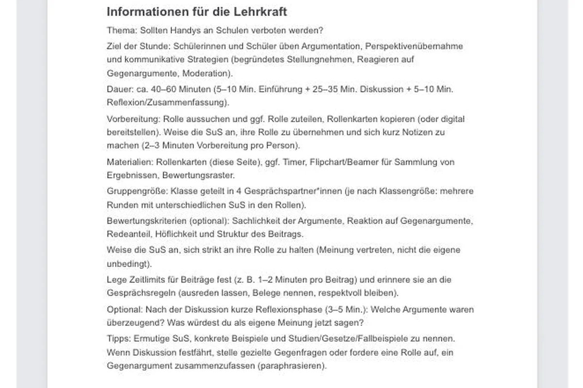 Debattierclub von KI Schulgenie mit fertigen Rollenkarten für eine Klassendebatte zum Thema Handyverbot