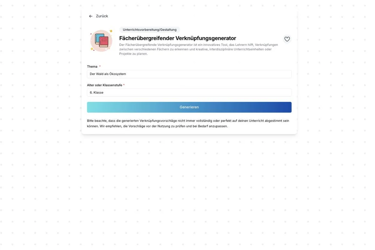 Fächerübergreifender Verknüpfungsgenerator: die Eingabemaske, mit einem echten Beispiel ausgefüllt