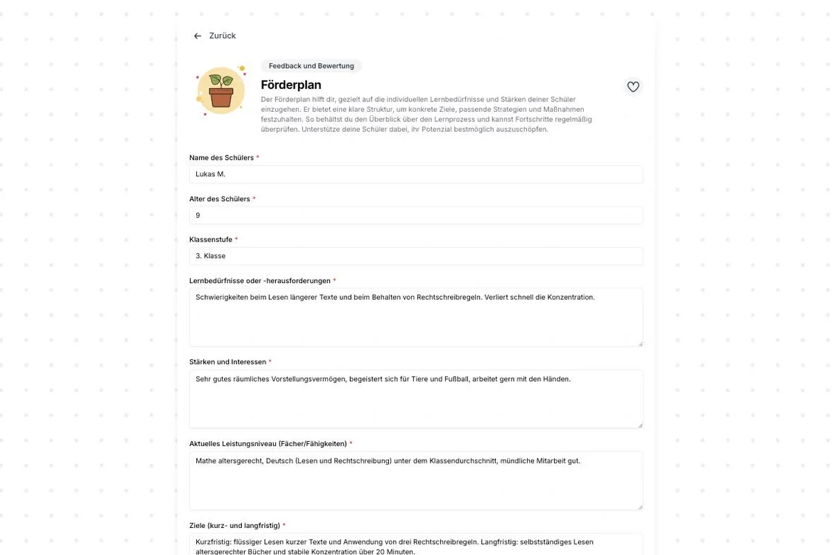 Förderplan: die Eingabemaske, mit einem echten Beispiel ausgefüllt