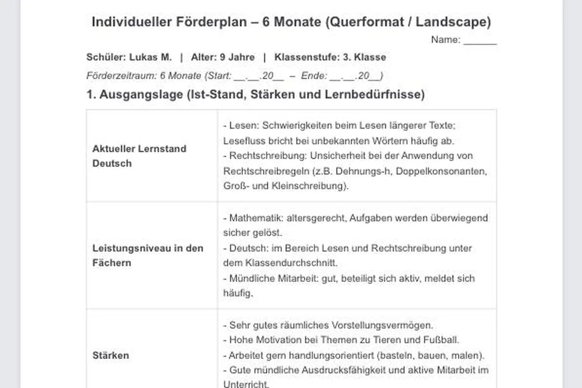 Werkzeug Förderplan von KI Schulgenie mit Eingabefeldern für Ausgangslage und Förderziele und dem fertigen Förderplan mit Maßnahmen