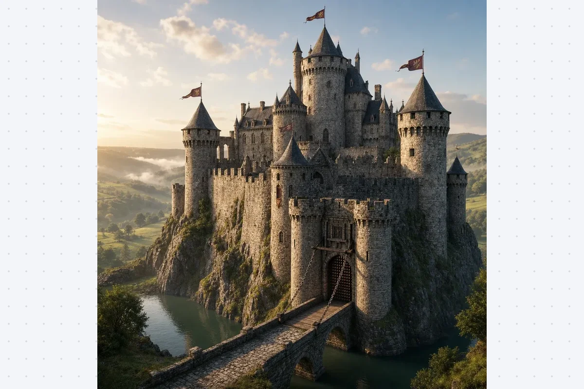 Bildwerkstatt Gebäude von KI Schulgenie erstellt aus einer Beschreibung das Bild einer mittelalterlichen Ritterburg auf einem Felshügel