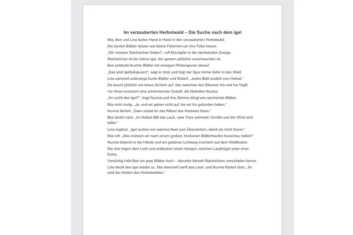 Der Geschichtengenerator von KI Schulgenie zeigt eine fertig geschriebene Geschichte mit Feldern für Thema, Länge und Klassenstufe.
