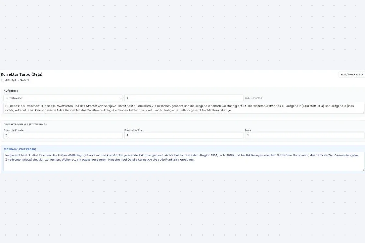 Tool Korrektur Turbo von KI Schulgenie korrigiert eine Klassenarbeit mit Punkten, Note und Feedback anhand der Musterlösung und des Notenschlüssels