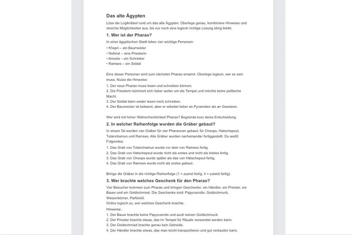 Knobelkiste von KI Schulgenie zeigt fertige Knobelaufgaben zu einem gewählten Thema und einer Klassenstufe