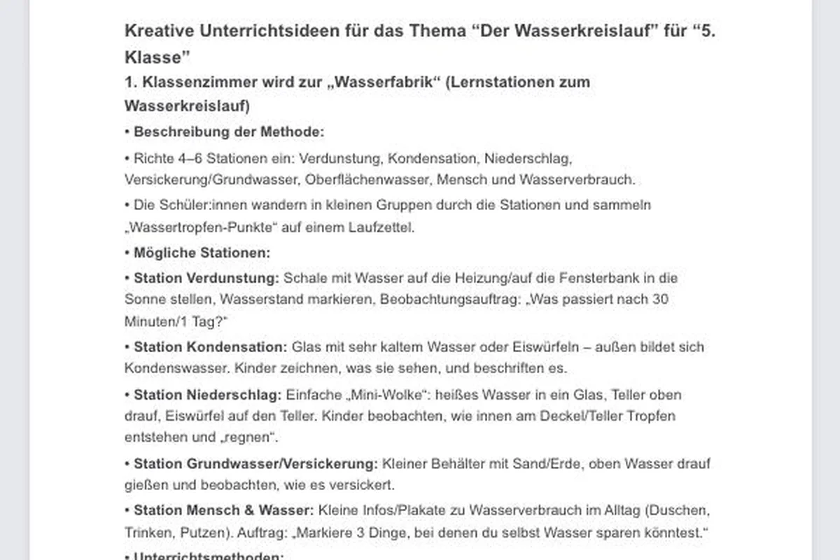 Frischer Wind von KI Schulgenie liefert kreative Unterrichtsideen mit Lernstationen und Reflexionsfragen zum Wasserkreislauf