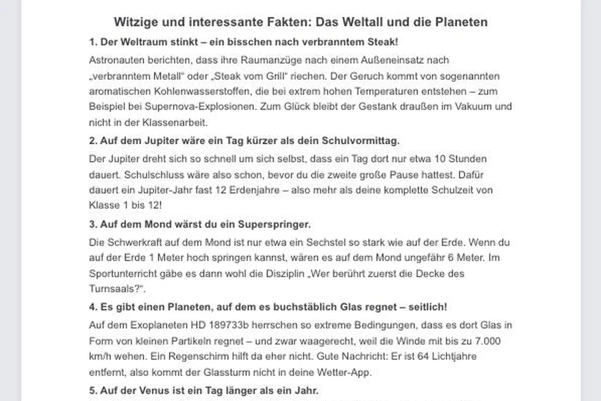 Tool Lustige Fakten von KI Schulgenie erstellt witzige und wissenswerte Fakten zum Thema Weltall und Planeten