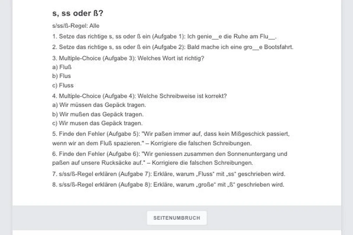 Werkzeug S, SS oder ß von KI Schulgenie mit Eingabefeld für die Klassenstufe und fertigen Übungsaufgaben samt Lösungen