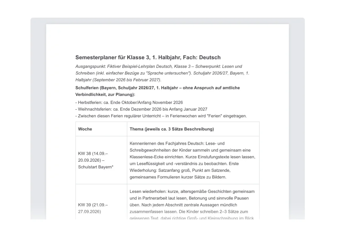Semester Planer von KI Schulgenie mit einem strukturierten Semesterplan für ein ganzes Halbjahr