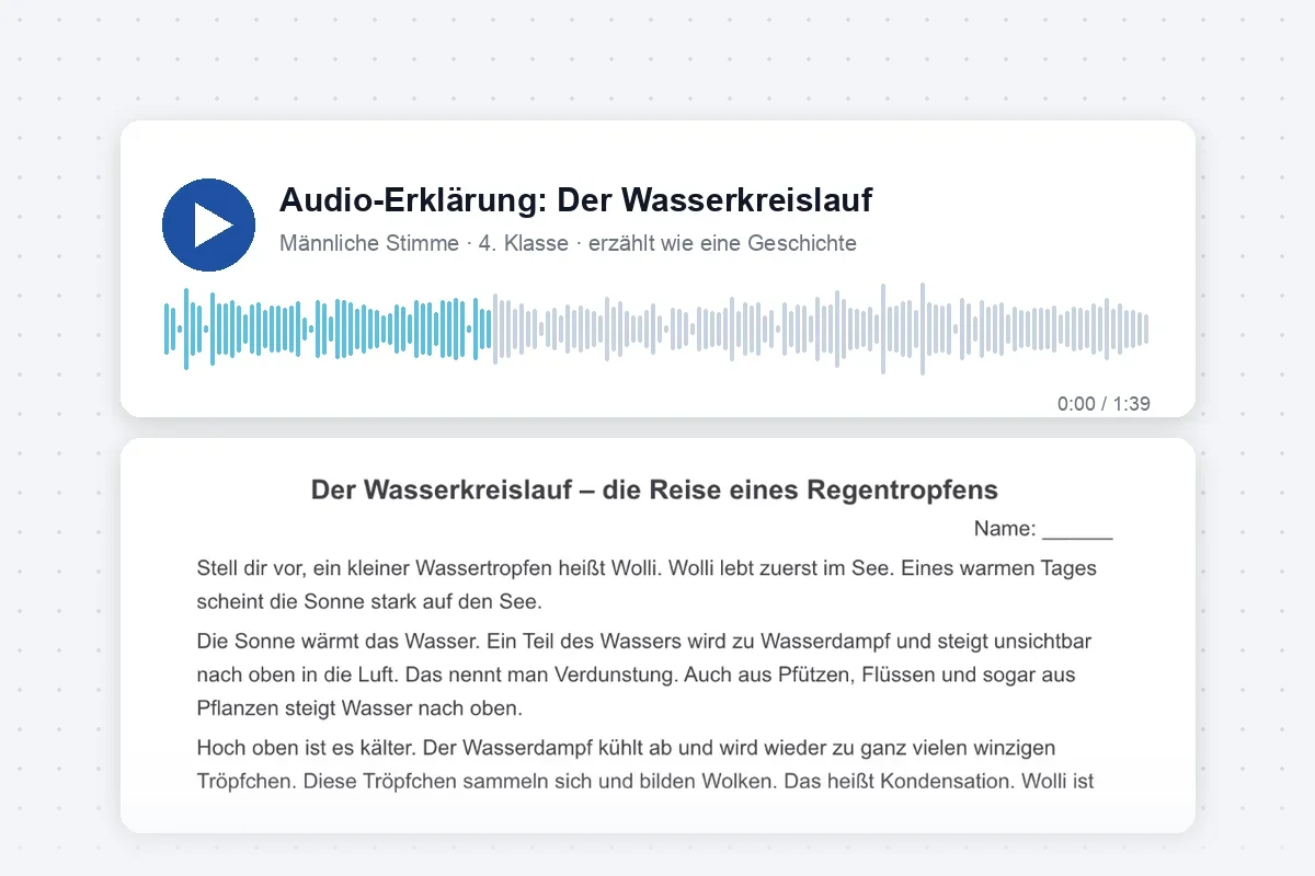 Tool Audio Guide von KI Schulgenie erklärt ein Thema als altersgerechte Hörerklärung mit Beispielen und Metapher