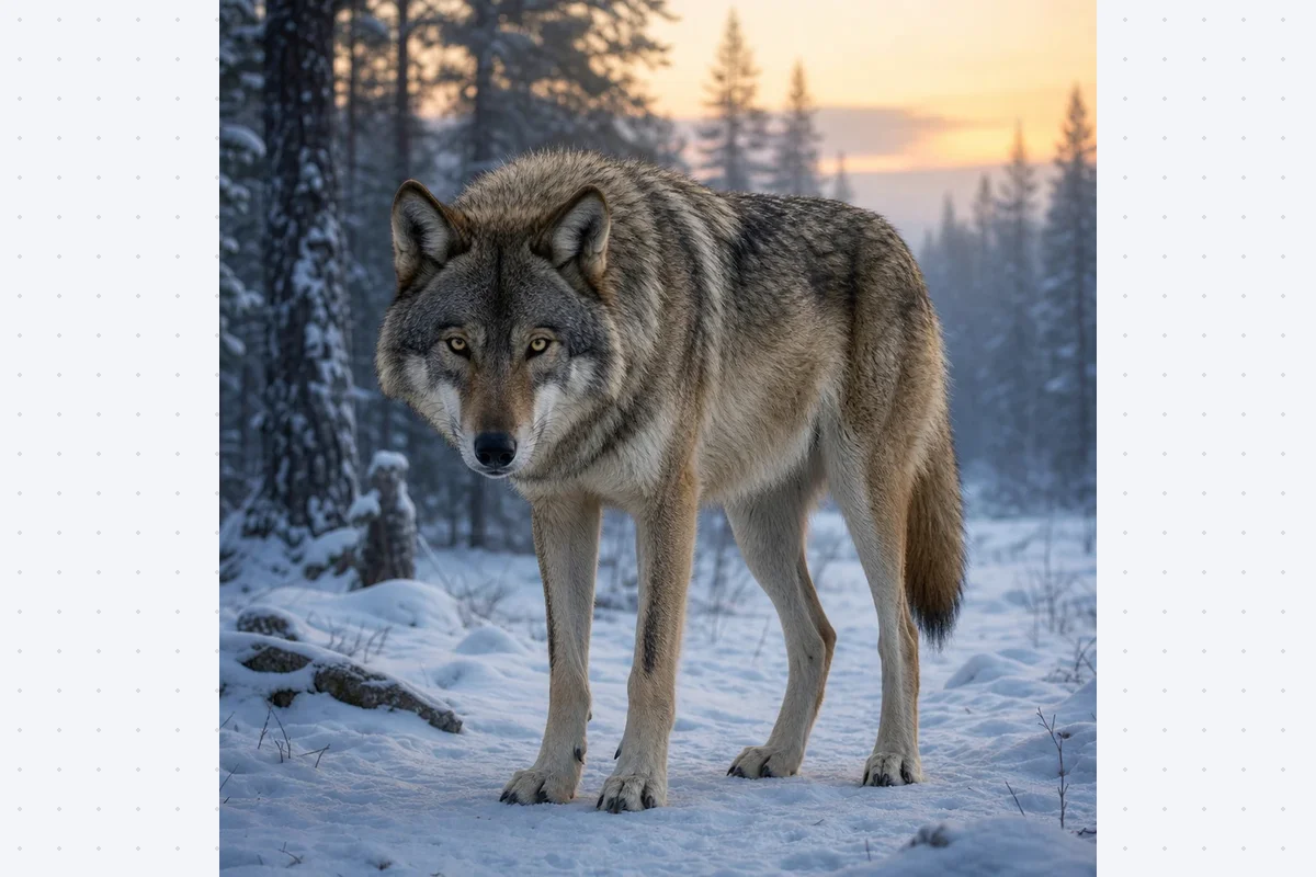 Bildwerkstatt Tiere von KI Schulgenie erstellt aus einer Beschreibung das Bild eines Wolfs im verschneiten Winterwald