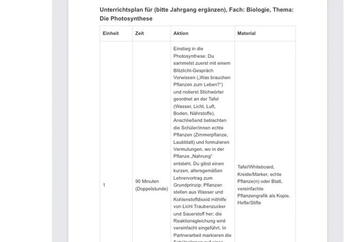Werkzeug Unterrichtsreihe von KI Schulgenie mit Eingabe von Thema, Fach und Klassenstufe und fertigem Stundenplan