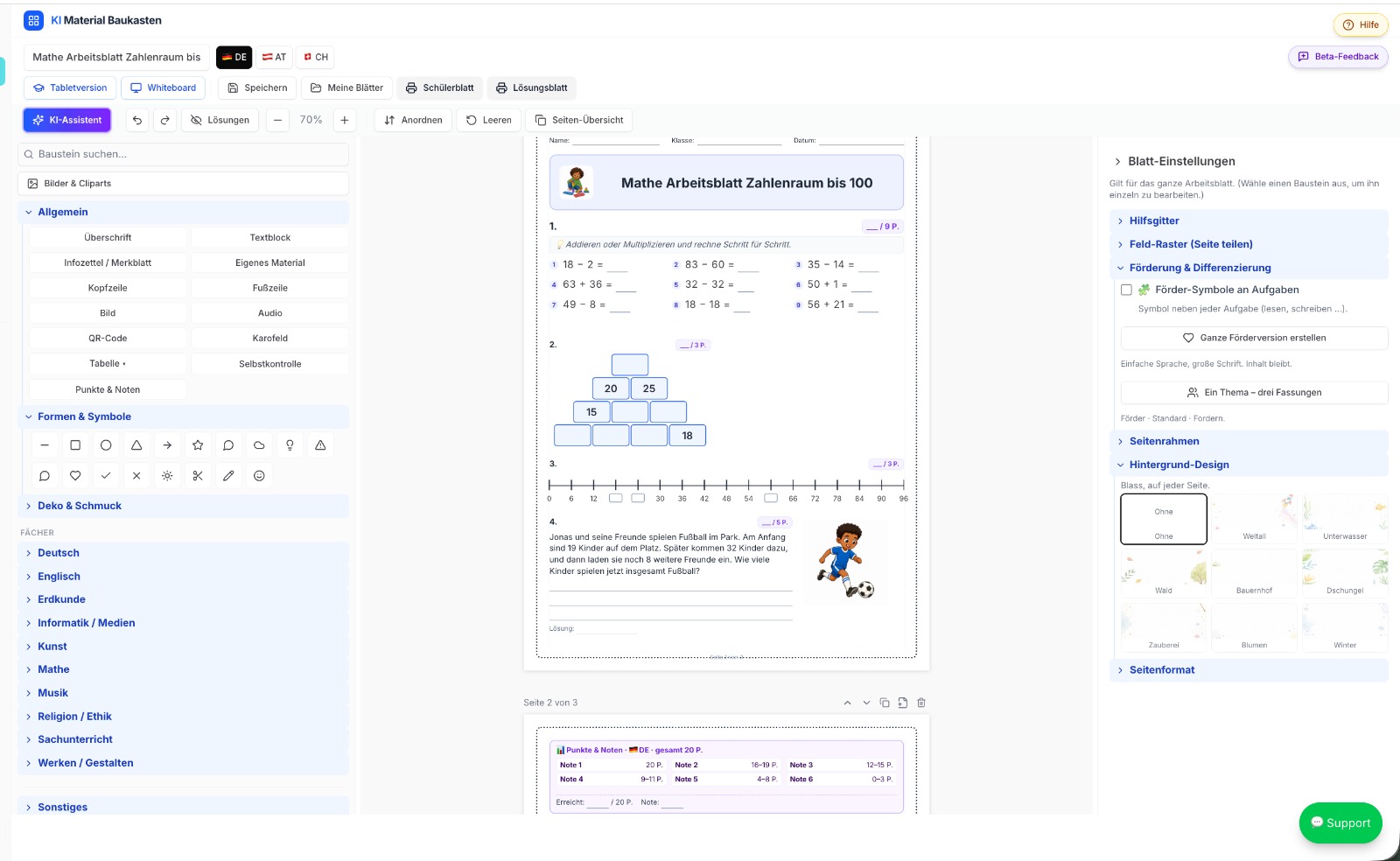 Der KI-Material-Baukasten: Mathe-Arbeitsblatt Zahlenraum bis 100 mit Rechenaufgaben, Zahlenmauer, Zahlenstrahl und Sachaufgabe mit Fußballer-Bild, links die Bausteine, rechts Förderung und Differenzierung
